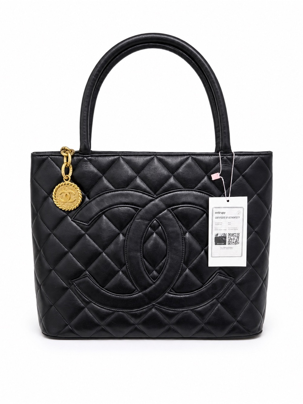 Authentic CHANEL Black Quilted Leather Tote with Gold Medallion